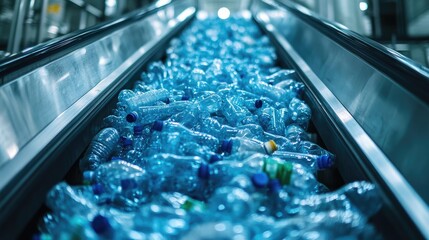Poster - A close-up shot of an escalator with a pile of plastic bottles at a factory, ready for processing and recycling in a PET recycling plant
