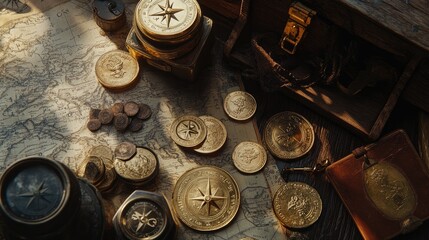 Aufkleber - A collection of gold coins and bars alongside vintage maps and compasses, set in a scene that evokes the feeling of treasure and old-world adventure