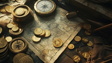 Aufkleber - A collection of gold coins and bars alongside vintage maps and compasses, set in a scene that evokes the feeling of treasure and old-world adventure