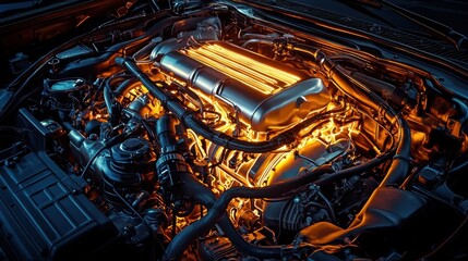 Poster - Illuminated Engine Components in a Modern Automobile Engine Bay