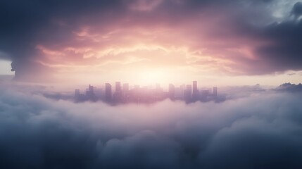 Aufkleber - City skyline emerging from thick clouds under a dramatic sky at sunset.