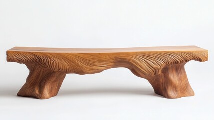 Poster - A detailed shot of a wooden bench with nature-inspired elements, placed on a white background, showcasing its design and fine craftsmanship