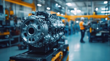 Aufkleber - A diesel engine being repaired in a vehicle repair plant, with mechanics working in the background, emphasizing precision and expertise in engine maintenance