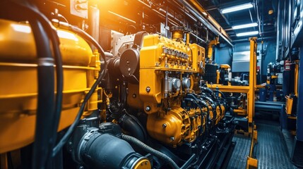 Poster - A diesel engine inside a vehicle repair workshop, with mechanics adjusting components, focusing on the technical aspects of engine repairs