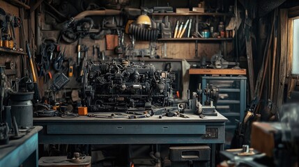 Poster - A diesel engine in the process of being repaired in a vehicle workshop, with tools and repair parts scattered around, showcasing professional mechanics at work