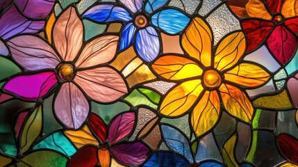 Poster - A display of intricate floral designs in vibrant stained glass, glowing with radiant colors and delicate craftsmanship, creating a stunning visual effect