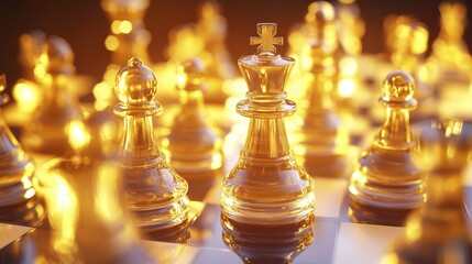 Aufkleber - A dramatic close-up of glass chess pieces mid-game, with a pawn advancing, bathed in golden lighting that highlights their intricate reflections