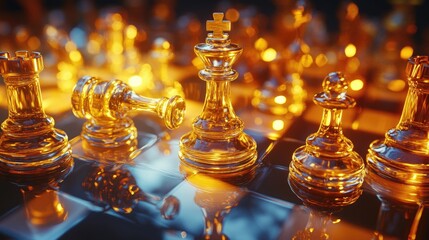 Aufkleber - A dramatic close-up of glass chess pieces mid-game, with a pawn advancing, bathed in golden lighting that highlights their intricate reflections
