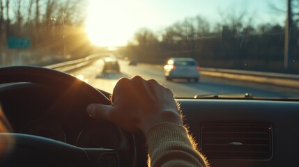 Poster - A drive hand firmly gripping the steering wheel, with sunlight shining through the car windows, highlighting the scenic beauty of the highway ahead