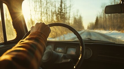 Poster - A drive hand firmly gripping the steering wheel, with sunlight shining through the car windows, highlighting the scenic beauty of the highway ahead