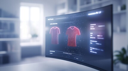 Leinwandbilder - Digital display showcasing red shirts with interactive features in a modern setting.