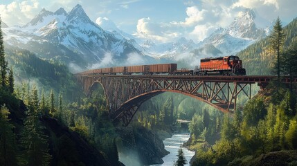 Poster - A freight train crossing a high bridge over a river, with mountains and lush forests framing the background, showcasing the scenic and industrious nature of rail transport