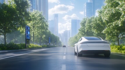 Poster - Futuristic cityscape with a sleek electric car driving on a tree-lined street under a bright sky.