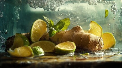 Poster - A fresh ginger root and slices, complemented by lime wedges and mint leaves, set in a kitchen setting, highlighting the natural freshness of ingredients