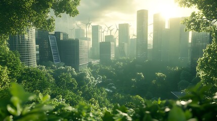 Aufkleber - A lush urban landscape merging nature and city life under a bright, serene sky.