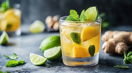 Poster - A fresh ginger root and slices, complemented by lime wedges and mint leaves, set in a kitchen setting, highlighting the natural freshness of ingredients