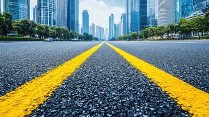 Poster - A freshly paved city street with bright yellow lines down the center, lined by towering skyscrapers, reflecting the bustling urban landscape