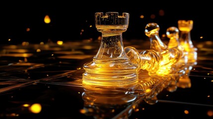 Aufkleber - A glass chess set in mid-game, with a pawn advancing, illuminated by soft golden lighting that enhances the clarity and elegance of the pieces