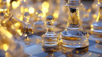 Aufkleber - A glass chess set in mid-game, with a pawn advancing, illuminated by soft golden lighting that enhances the clarity and elegance of the pieces