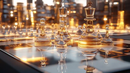Aufkleber - A glass chess set in mid-game, with a pawn advancing, illuminated by soft golden lighting that enhances the clarity and elegance of the pieces