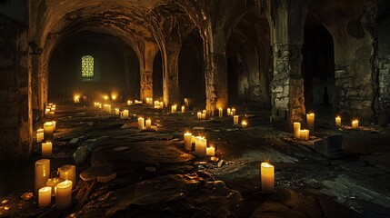 Wall Mural - Dark and creepy catacombs with glowing candles