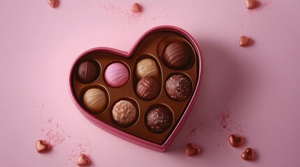 Poster - A heart-shaped box of chocolates opened to reveal an assortment of truffles and pralines, set against a delicate pink background