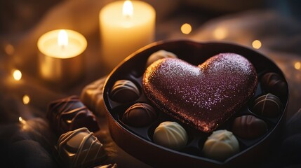 Poster - A heart-shaped box of chocolates with glittery accents, glowing under soft candlelight, evoking a cozy, intimate ambiance
