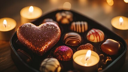 Poster - A heart-shaped box of chocolates with glittery accents, glowing under soft candlelight, evoking a cozy, intimate ambiance