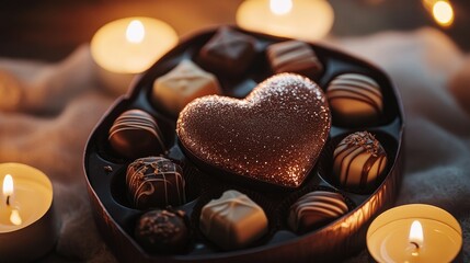 Poster - A heart-shaped box of chocolates with glittery accents, glowing under soft candlelight, evoking a cozy, intimate ambiance