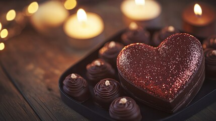Poster - A heart-shaped chocolate box with glittery details, softly illuminated by candlelight, creating a warm and inviting atmosphere