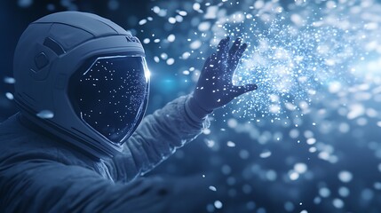 Poster - Astronaut reaching out to a sparkling cosmic phenomenon in a dark, starry environment.