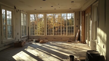 Aufkleber - A home under renovation with new windows installed, construction materials around the room, and sunlight flooding in, creating a sense of openness and potential