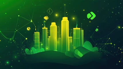 Poster - futuristic city skyline illuminated in green, showcasing modern architecture and technology