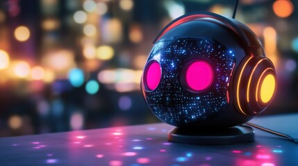 Poster - Futuristic speaker with colorful lights on a table, set against a vibrant city nightlife backdrop