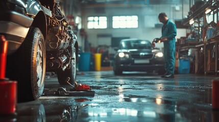 Aufkleber - A mechanic cleaning up after refueling an engine, wiping down tools and the work area with focus and precision in a well-lit garage