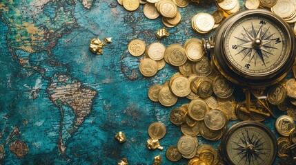 Aufkleber - A mix of gold coins and gold bars scattered on a background of antique maps and compasses, evoking the timeless allure of wealth and discovery