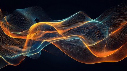 Wall Mural - '  Abstract flowing wave of orange and blue light particles on a dark background.