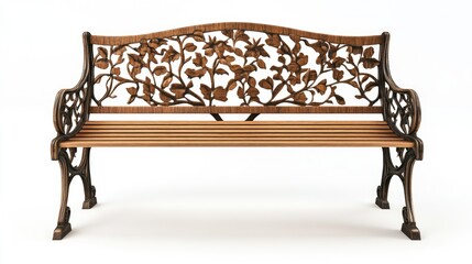 Poster - A nature-inspired wooden bench, captured in a park setting, with intricate details, placed on a white background for a clean, clear view