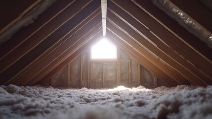 Poster - A partially constructed attic with insulation visible and soft natural light coming through a skylight, offering a glimpse of the future finished space