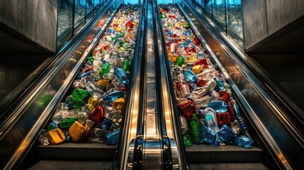 Poster - A pile of plastic bottles on an escalator in a PET recycling plant, ready for processing, highlighting sustainability in action