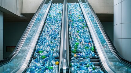 Poster - A pile of plastic bottles on an escalator in a PET recycling plant, ready for processing, highlighting sustainability in action