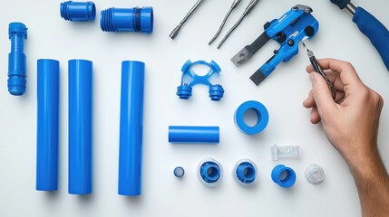 Poster - A plumber assembling a blue PVC pipe system with T-connectors, tools, and glue spread out nearby on a clean white surface