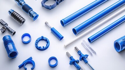 Poster - A plumber in action, assembling blue PVC pipes with T-connectors and essential tools like glue on a pristine white background