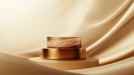 Poster - A premium product resting on a luxurious golden pedestal, set against a soft-focus, neutral background that enhances the product's elegance and shine