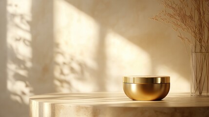 Poster - A premium product resting on a luxurious golden pedestal, set against a soft-focus, neutral background that enhances the product's elegance and shine