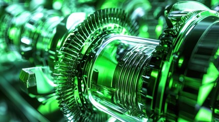 Poster - Close-Up View of Futuristic Mechanical Engine Part with Green Lighting