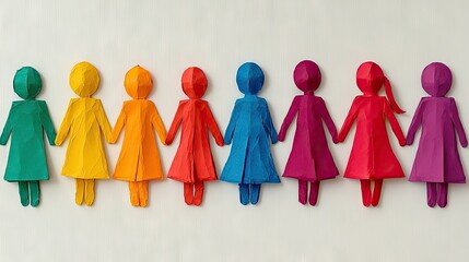 Rainbow paper dolls holding hands; diversity concept; white background; unity