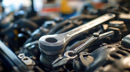 Poster - Close-Up of Metal Wrench on Engine Components in Workshop Environment