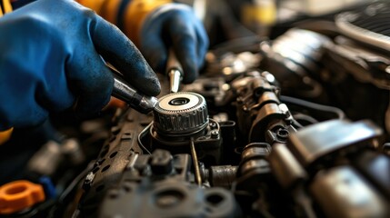 Poster - Mechanic Working on Engine Component with Tools in Hands