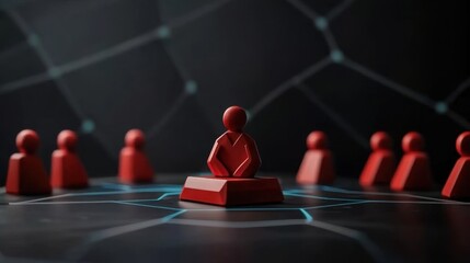 Poster - A central red figure sits on a platform, surrounded by other red figures, against a dark background with geometric lines, symbolizing connection and strategy.